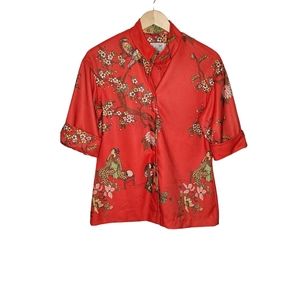 Vintage Red Spring Asian Retro Printed Short Sleeve Top with Birds and Flowers